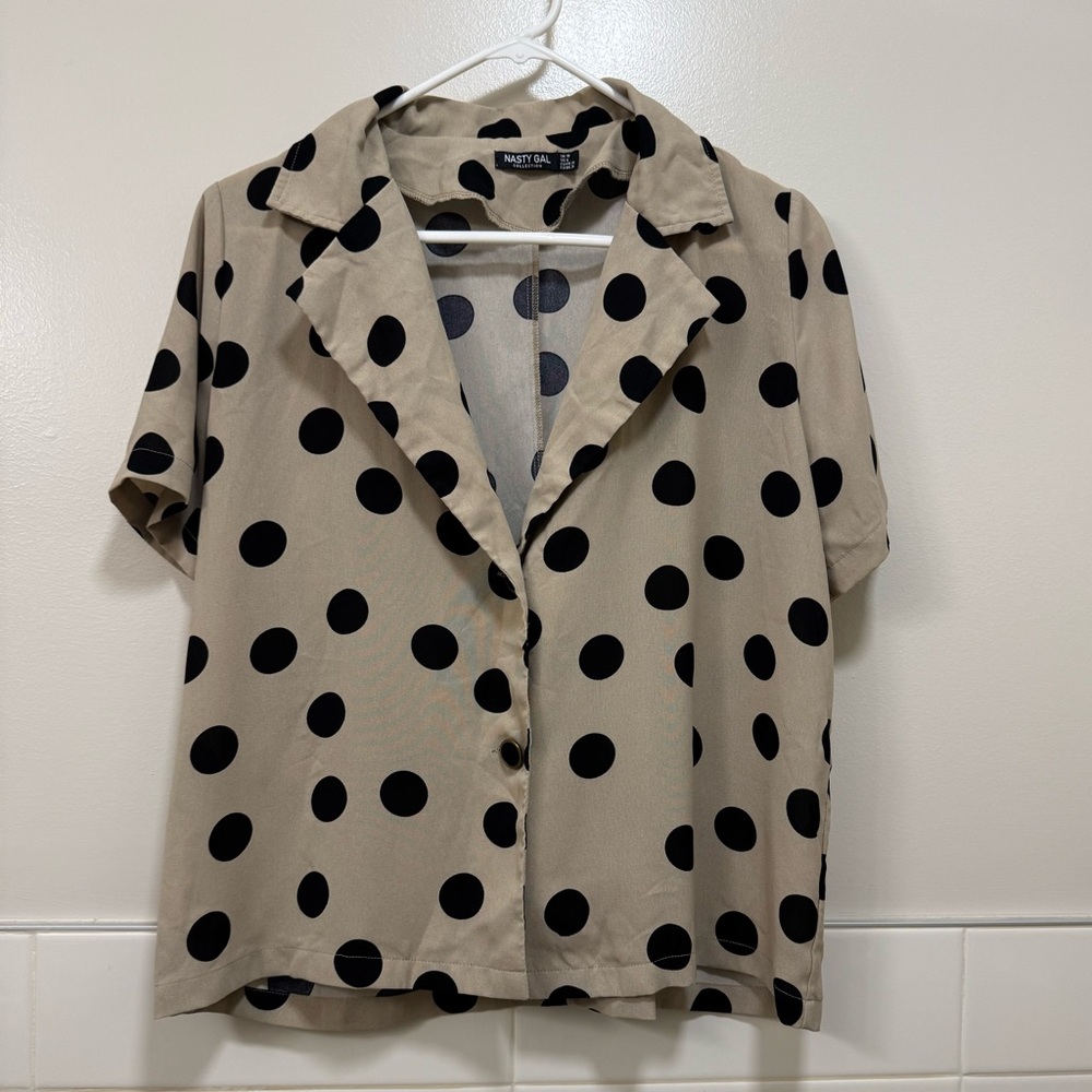 Nasty Gal Tan and Black Polka Dot Shirt